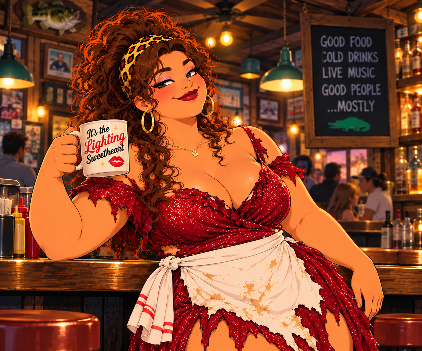 Patty, the outspoken owner of Patty's Place, with curly auburn hair, a leopard-print headband, and a purple outfit.