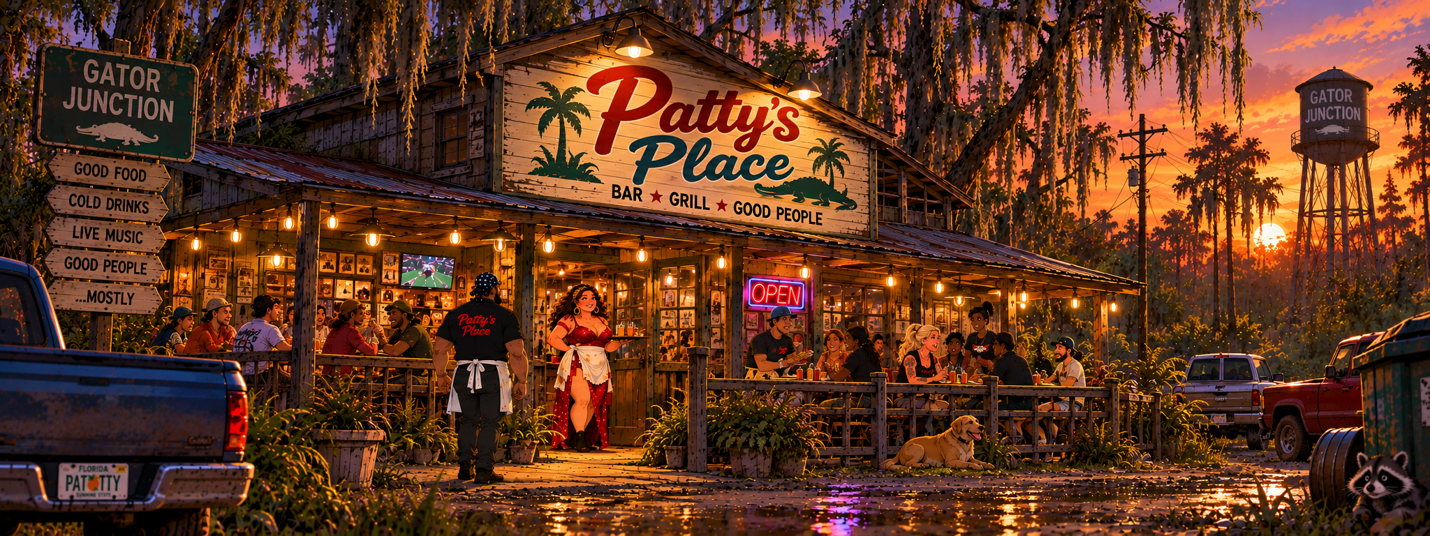 Weathered roadside bar and grill in fictional Gator Junction, Florida, with a wooden Patty's Place sign and swamp vegetation.