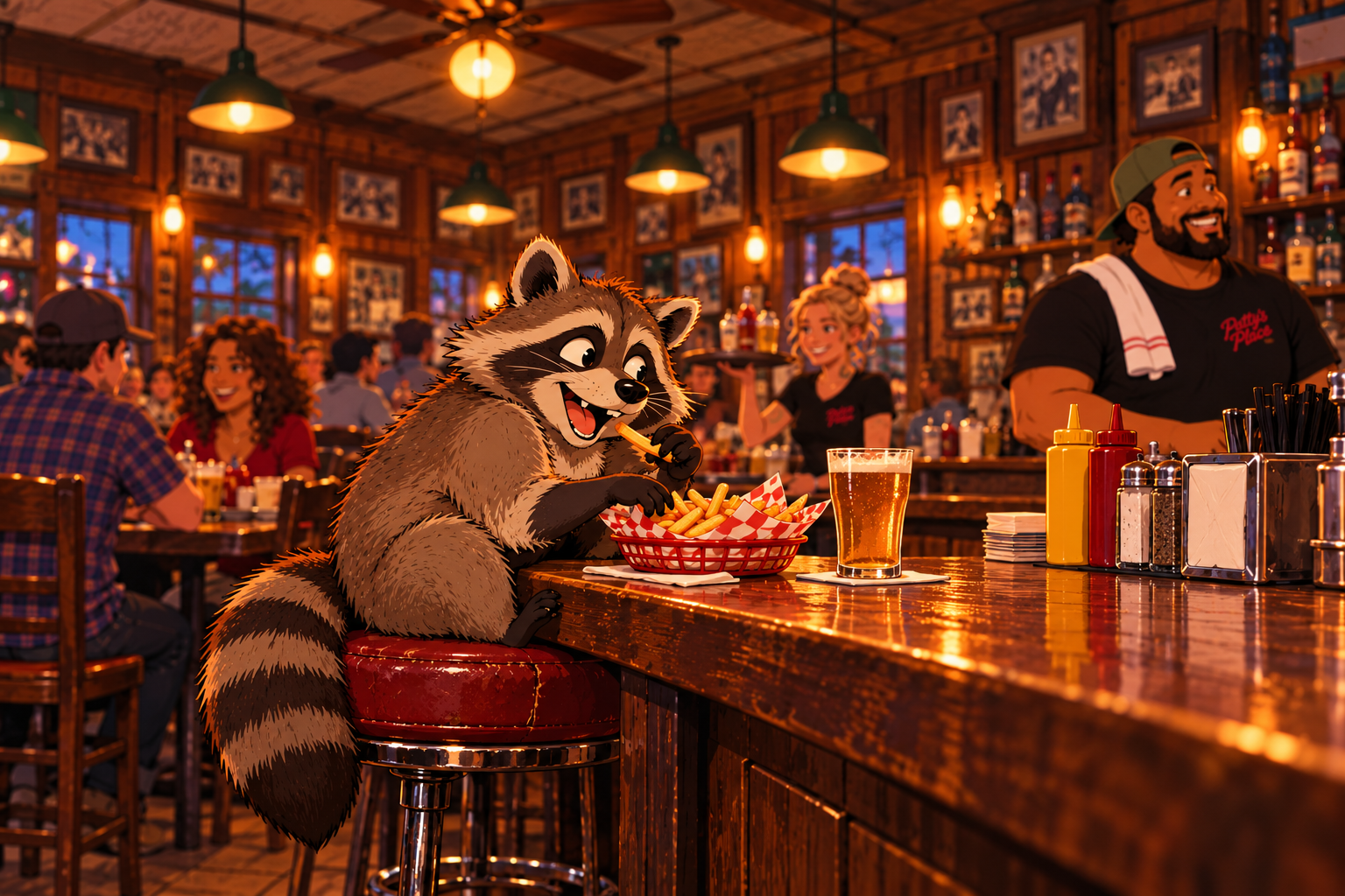 Glenn the raccoon sitting at the Patty's Place bar with a plate of french fries.