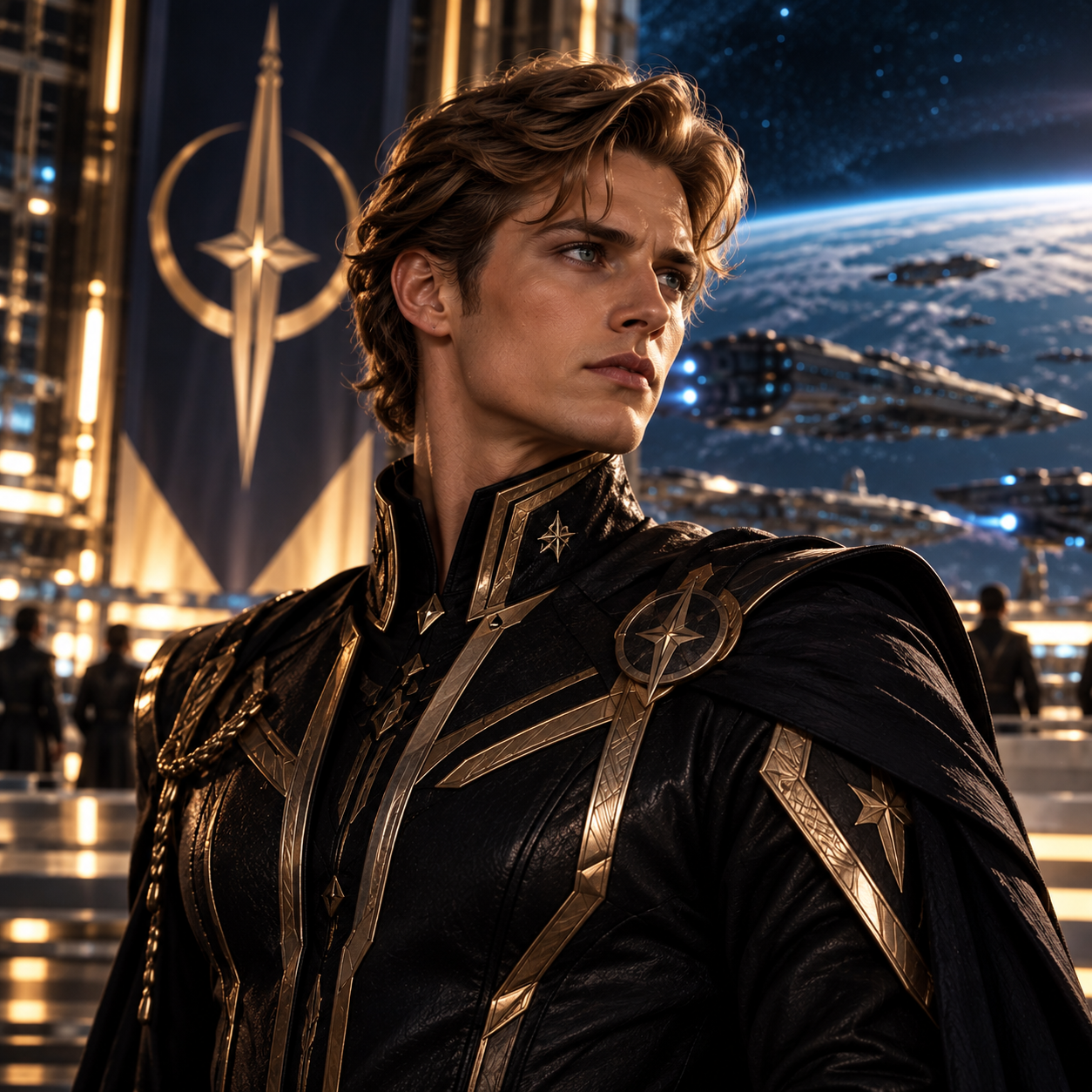 Zarek'ai wearing a black and gold futuristic military uniform aboard a spacecraft.
