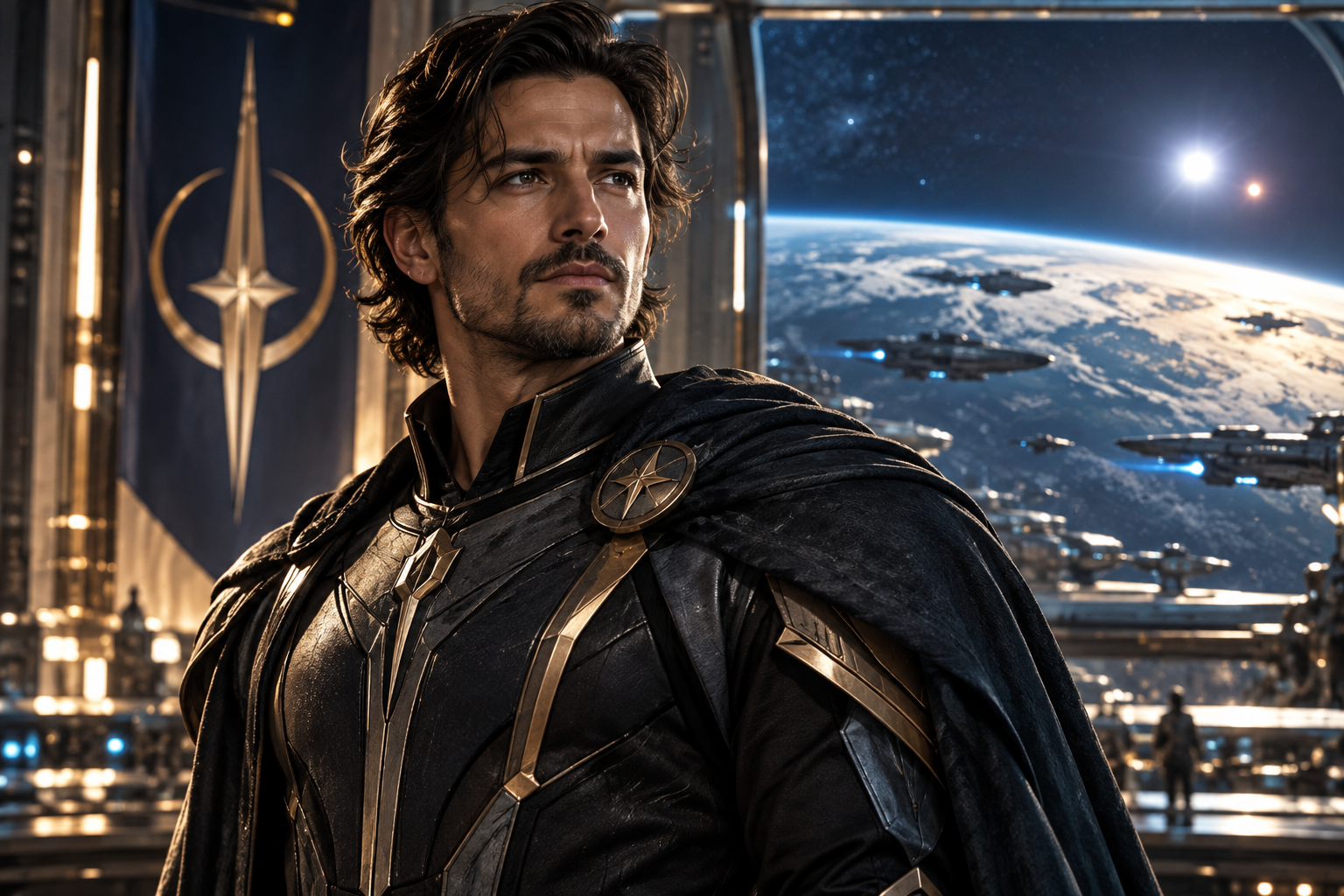 Solon, a dark-haired man wearing black and gold Continuum attire, standing aboard a spacecraft overlooking a planet.