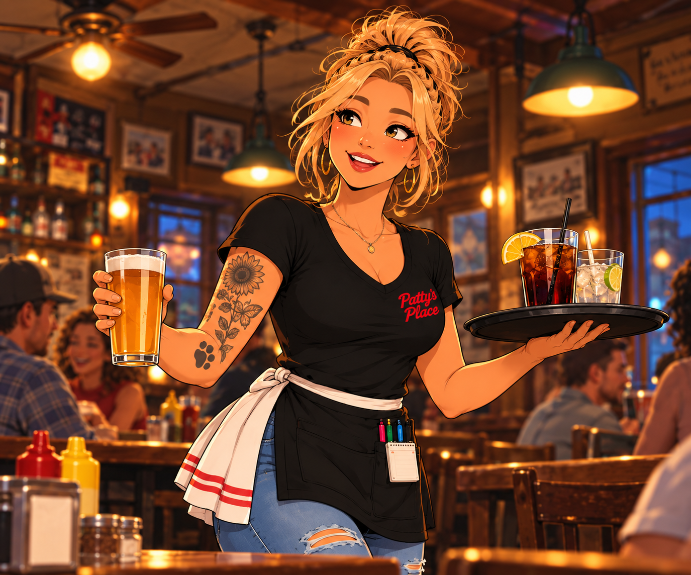 Tina, a blonde waitress with tattoos, wearing a black Patty's Place shirt and a server apron.