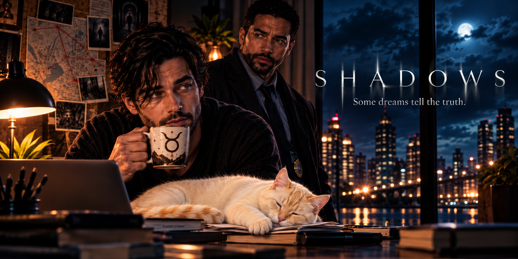 Promotional artwork for Shadows featuring Niko Varek and Detective Elijah Hale in a moody supernatural crime drama setting.