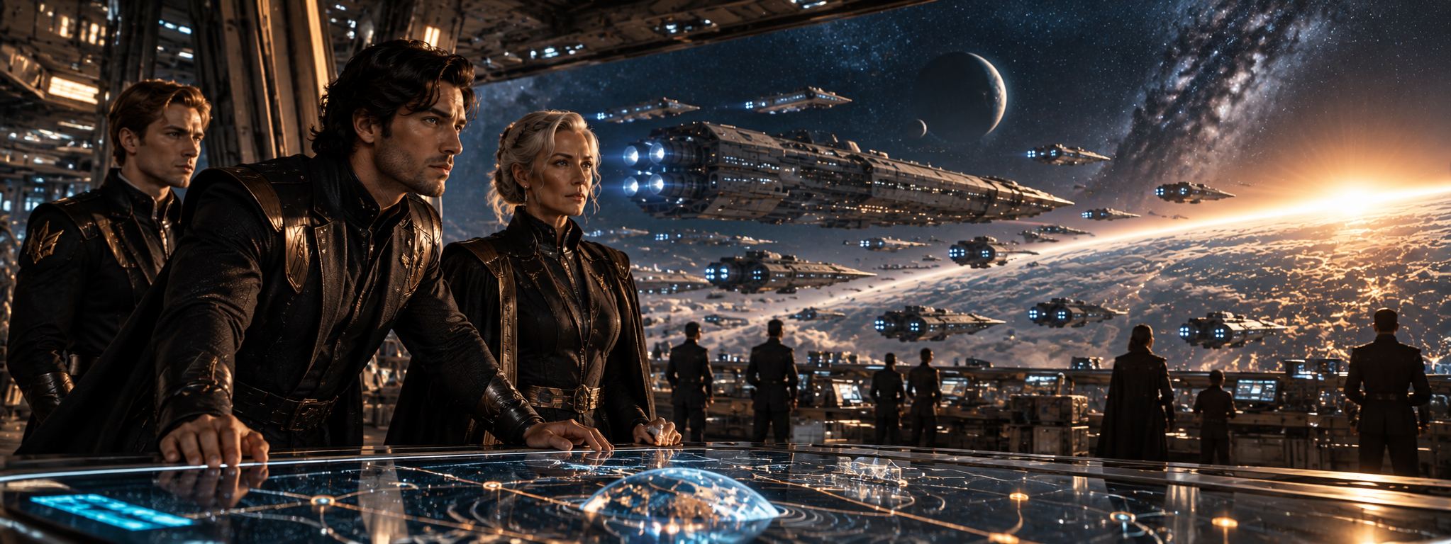 A futuristic spacecraft fleet viewed from a high-tech command center in The Orosian Cycle.