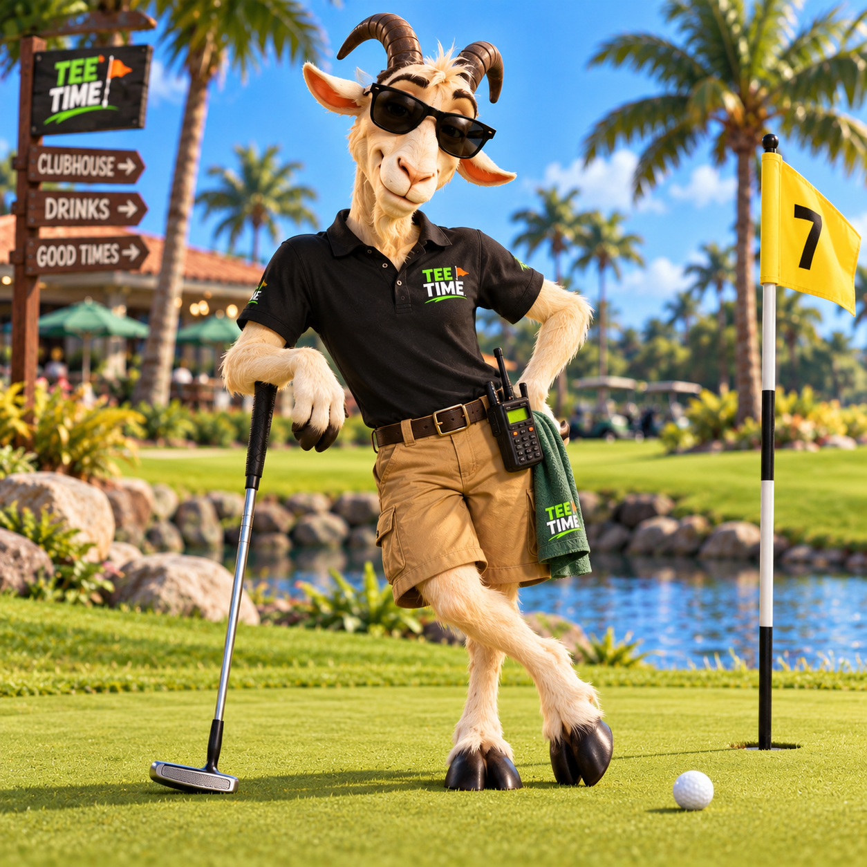 PT is the goat character from Tee Time wearing sunglasses and holding a putter on a sunny Florida golf course.