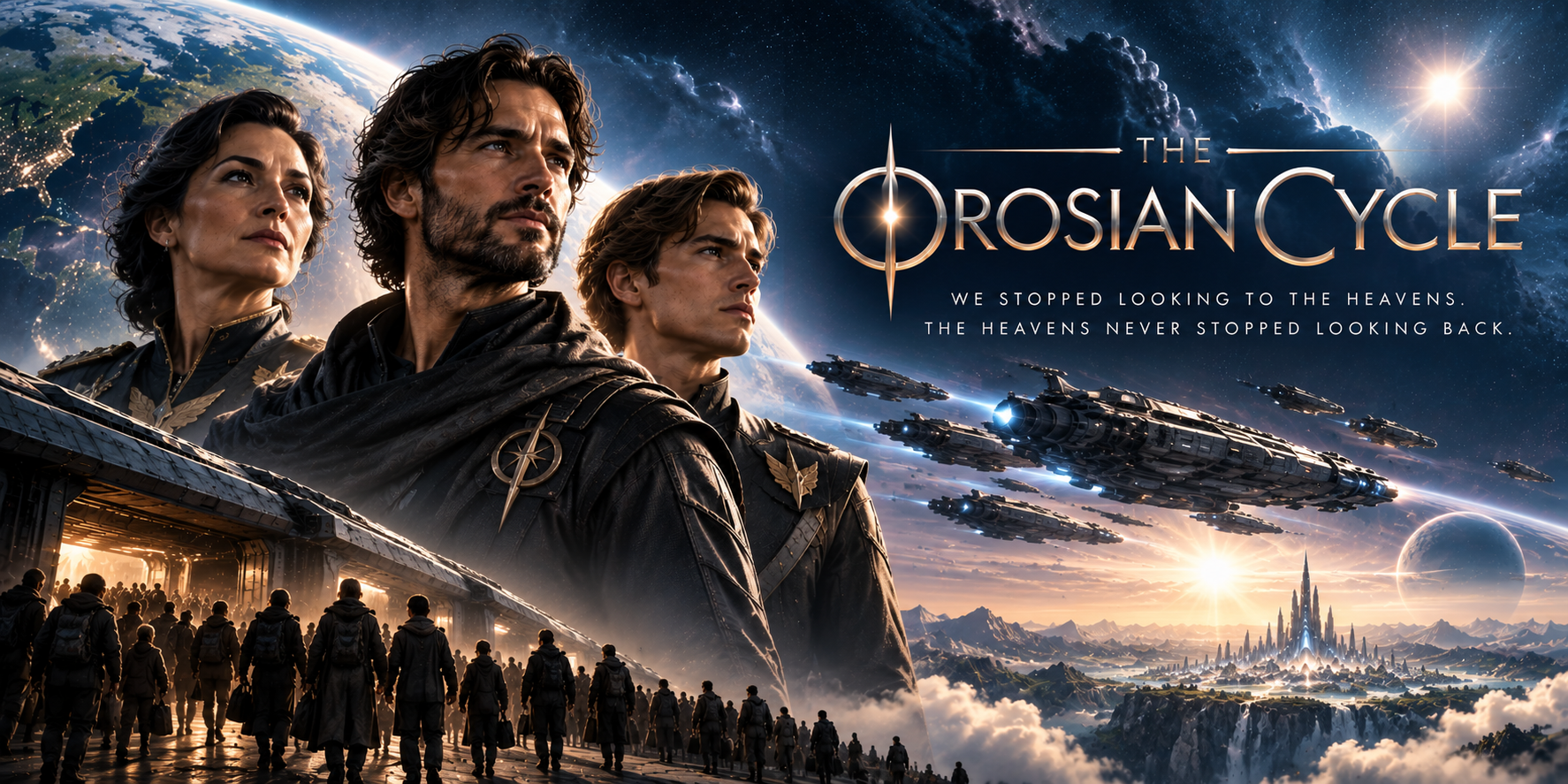 Cinematic promotional artwork for The Orosian Cycle featuring futuristic spacecraft and characters in military uniforms.