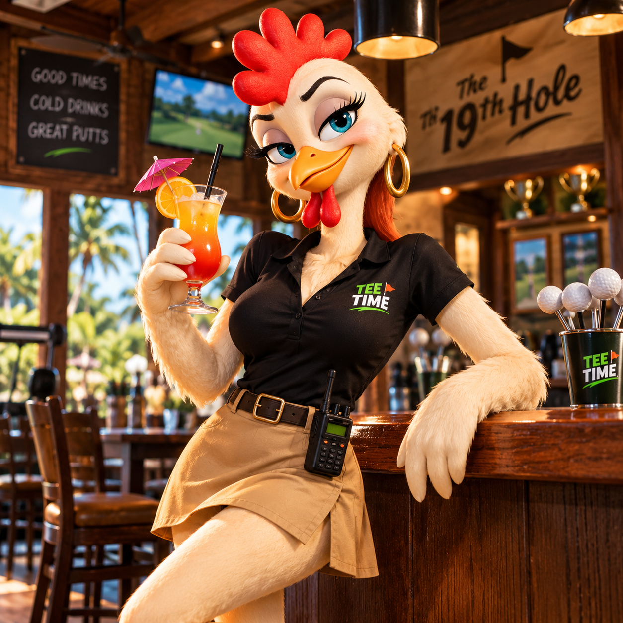 Birdie, the animated chicken character from Tee Time, holding a colorful cocktail inside the golf clubhouse bar.