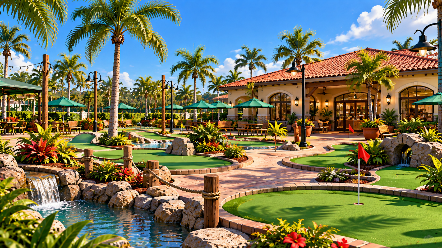 Colorful Florida miniature golf course surrounded by palm trees, tropical landscaping, and a clubhouse.