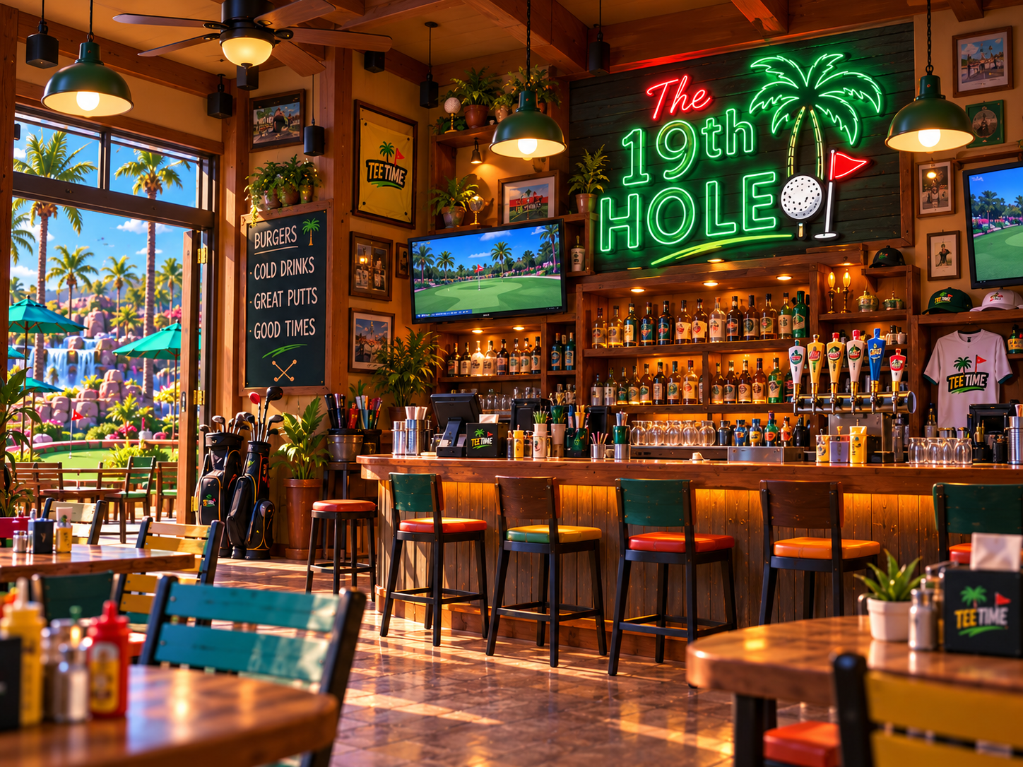 The 19th Hole clubhouse bar from Tee Time, featuring warm wooden interiors, golf memorabilia, and tropical surroundings.
