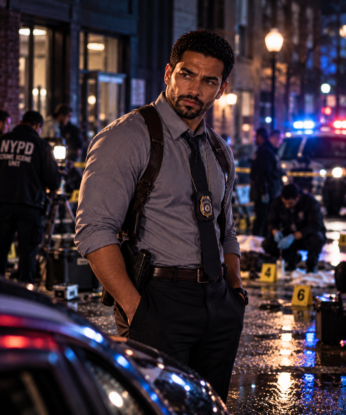 Detective Elijah Hale standing at a nighttime crime scene with police vehicles and investigators behind him.
