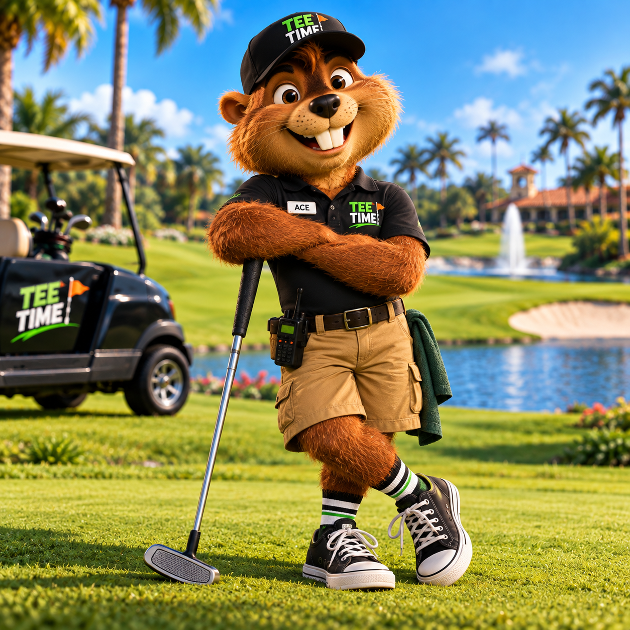 Ace, the animated gopher character from Tee Time, wearing golf course staff clothing and holding a golf club.