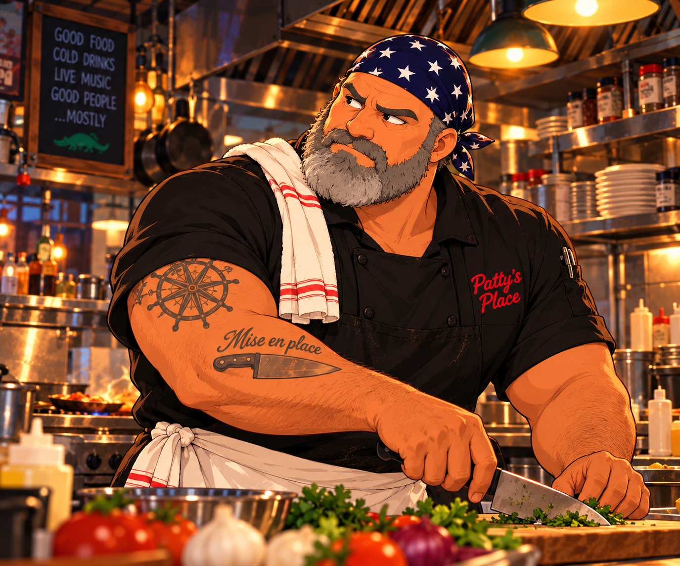Chef D, a broad-shouldered older chef with a full gray beard and bandana, working in the Patty's Place kitchen.
