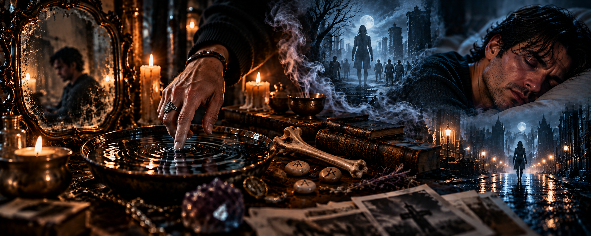 Atmospheric artwork for Shadows featuring candles, mirrors, mysterious objects, and dreamlike imagery.
