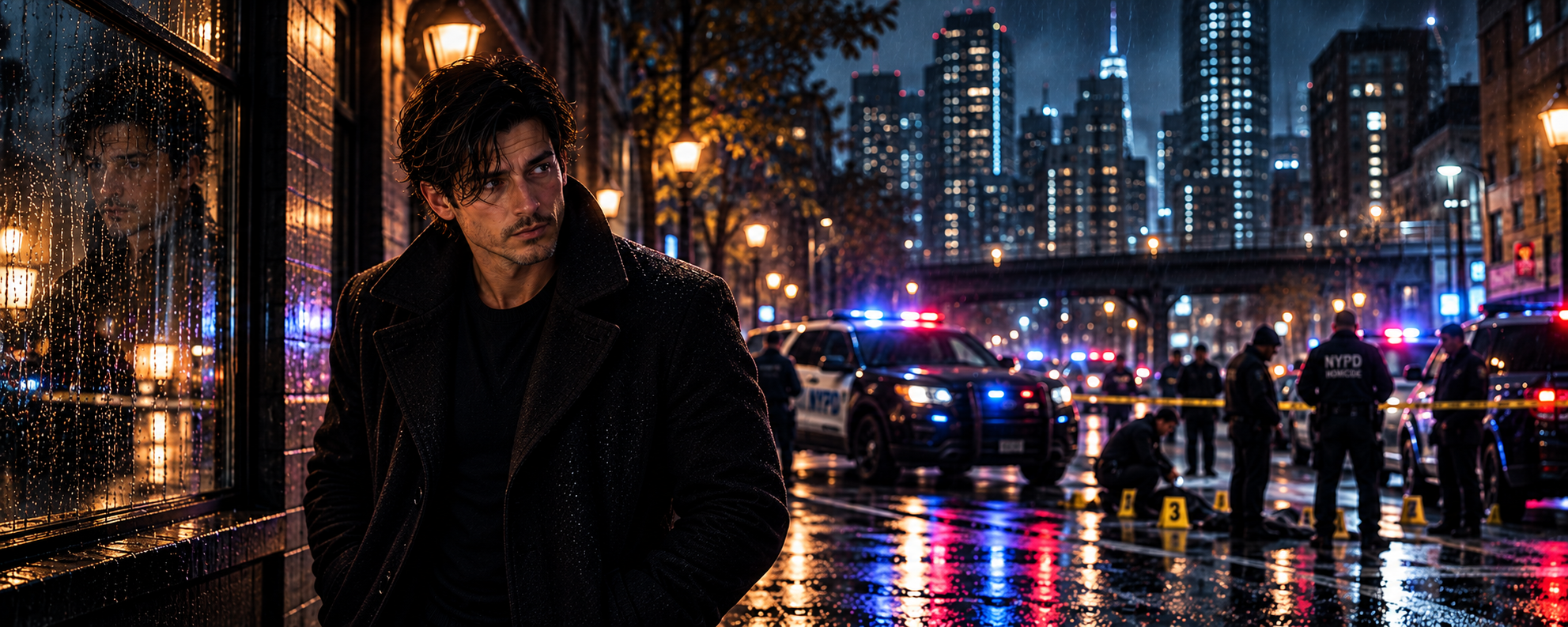 Nikolai Varek stands on a rainy city street at night, looking to the side. Behind him, police cars with flashing lights and police officers investigate a scene marked with yellow evidence markers. The background features tall city buildings illuminat