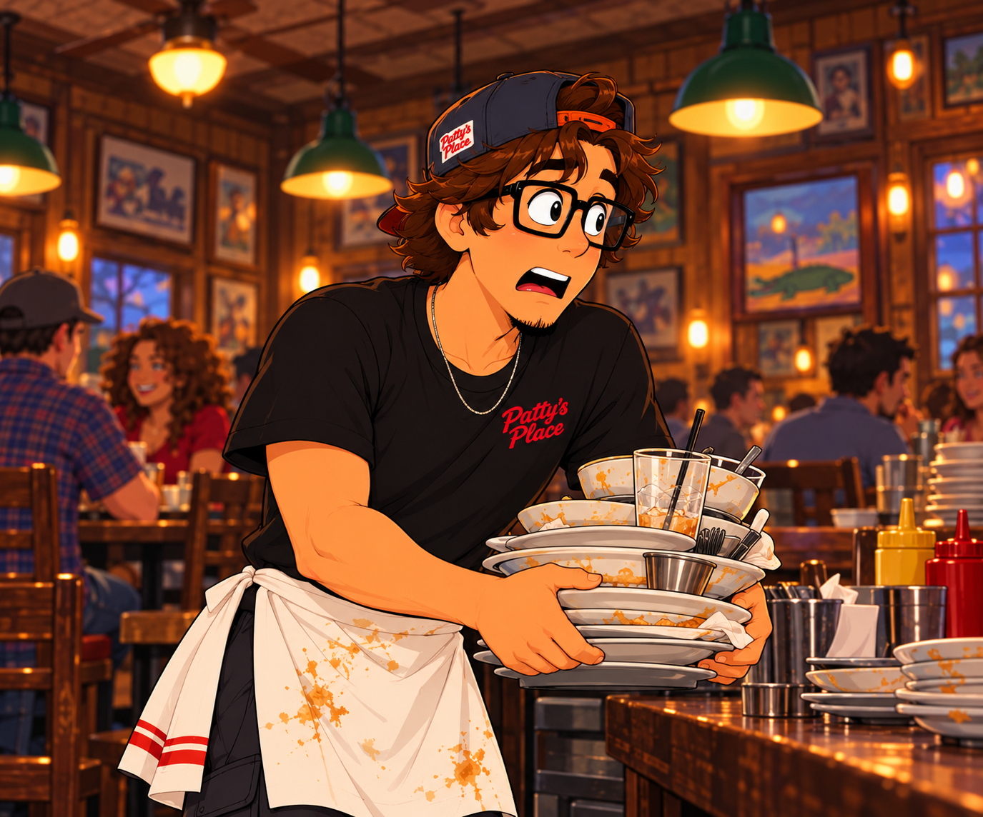 Spencer, the young restaurant busser, wearing black rectangular glasses and a backward baseball cap.