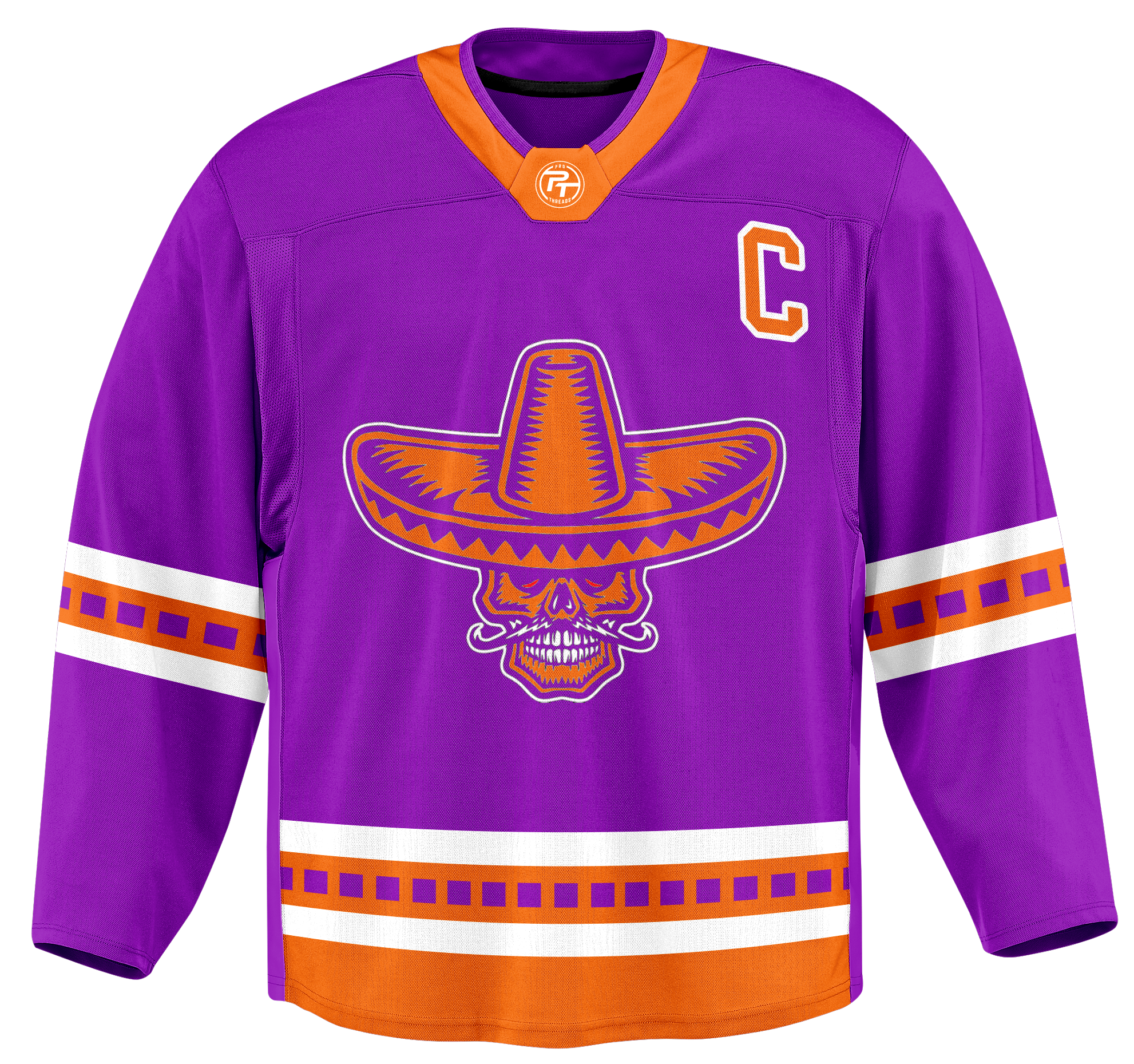 A purple hockey jersey with orange and white accents, featuring a skull wearing a sombrero as the logo, a captain's 'C' on the right chest, and orange, white, and purple stripes on the sleeves and bottom.