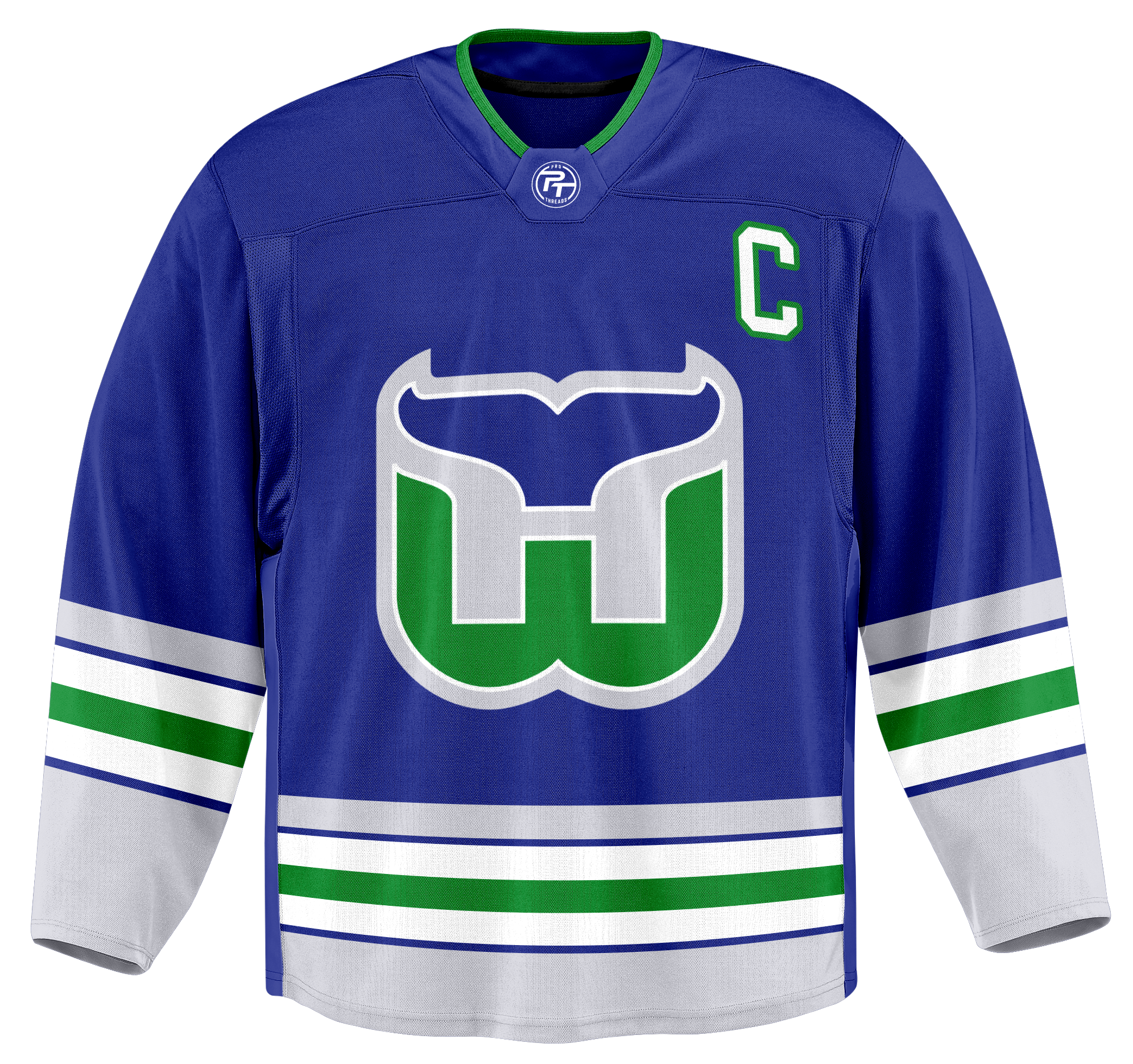 Blue hockey jersey with white, green, and blue stripes, large gray and green logo on chest, and a green 'C' patch on the upper right chest.