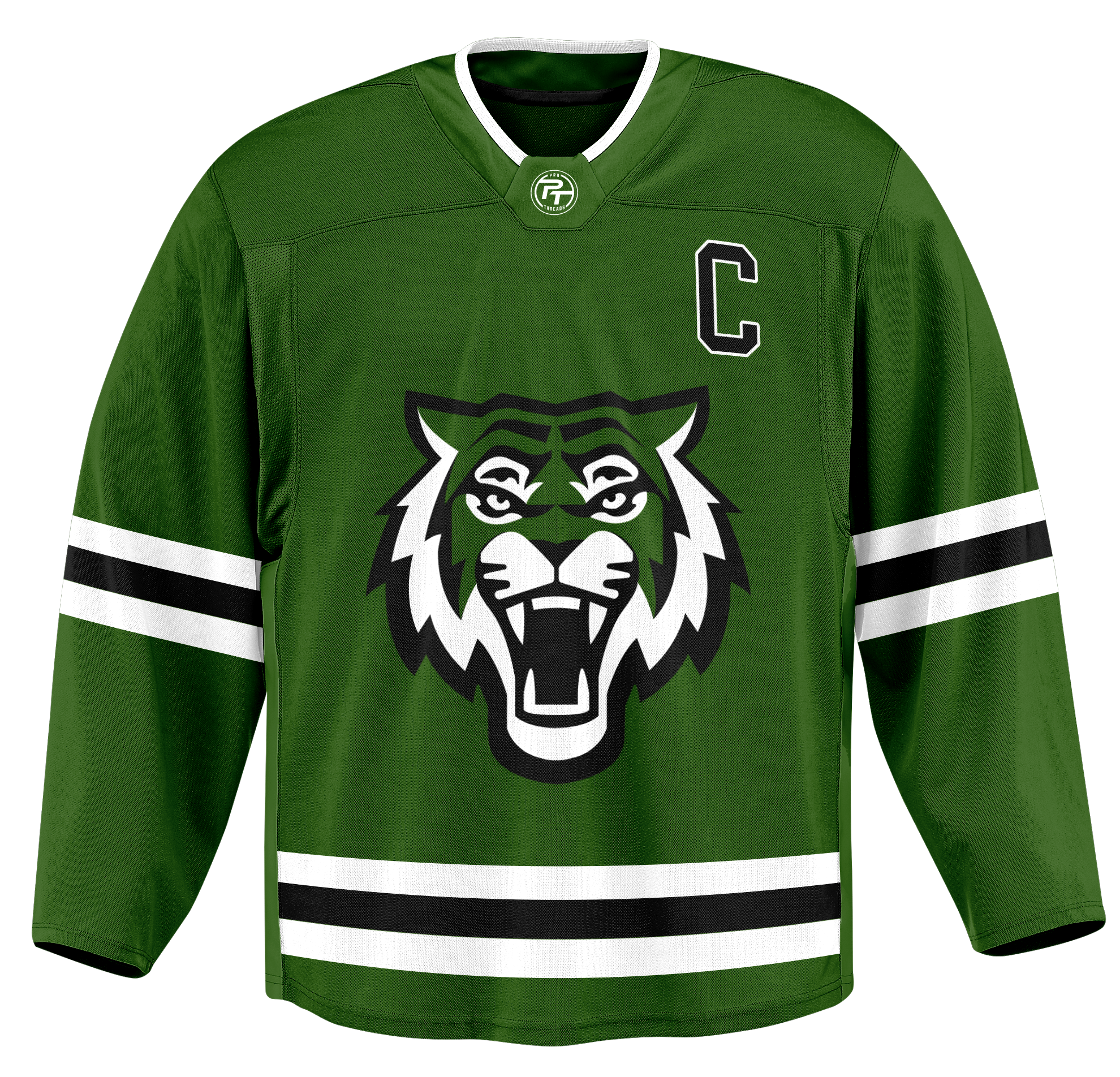 Green hockey jersey with black and white lion's face logo in the center, a white letter 'C' on the upper right, and two white and one black horizontal stripes on the sleeves and waist.
