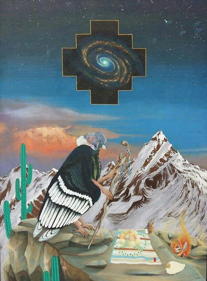A surreal painting of a mountain landscape with snow-capped peaks, a bald eagle with black and white feathers, green cacti, and a small fire. Above, the night sky features stars and a galaxy within a stylized cross-shaped outline.