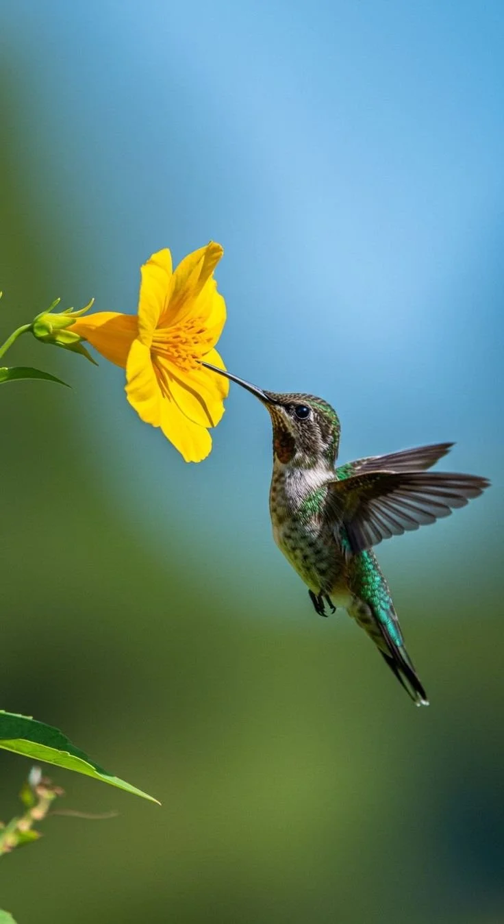 A hummingbird with iridescent green feathers feeding from a yellow flower against a blurred blue and green background.