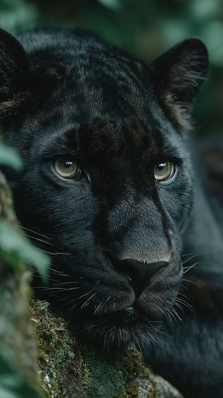 Close-up of a black panther's face, showing piercing eyes and sleek fur, partially surrounded by green foliage.