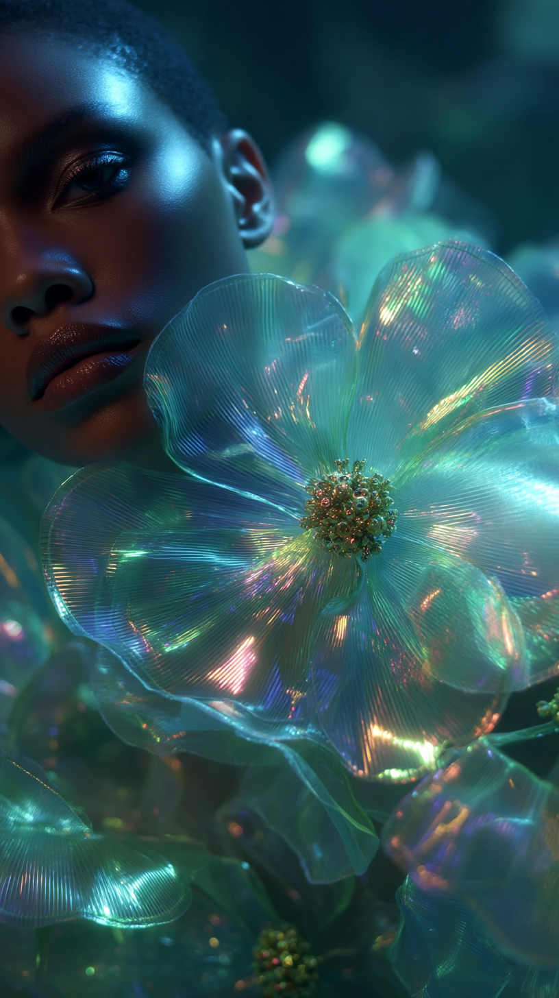 A close-up of a person with glowing makeup and dark skin, partially obscured by large, iridescent flowers that reflect multiple colors.