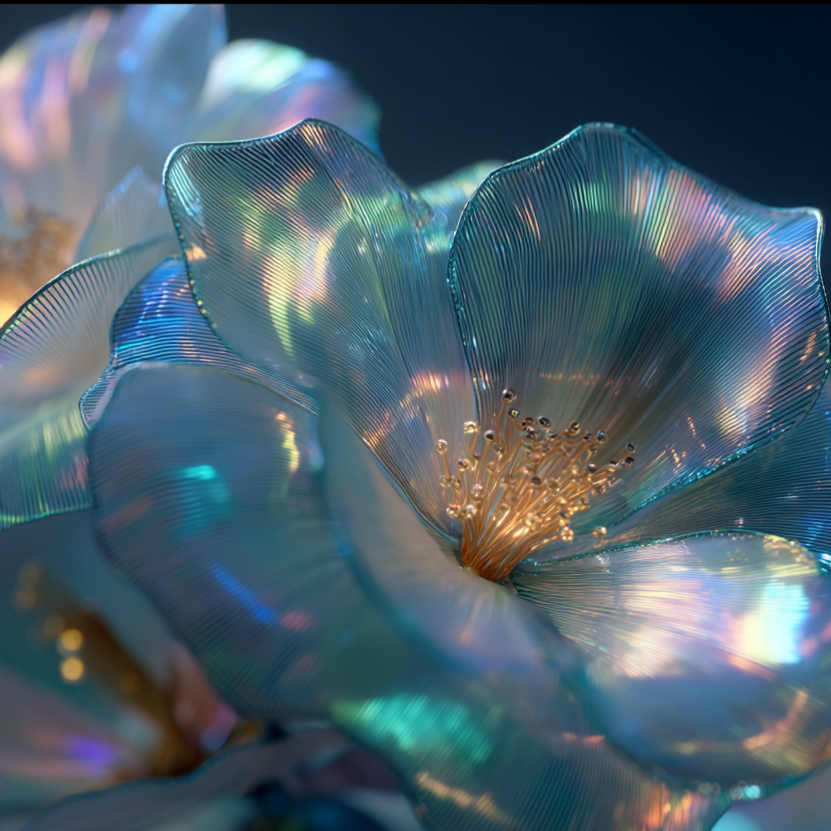 Close-up of an iridescent, metallic-looking flower with translucent petals that reflect rainbow colors.