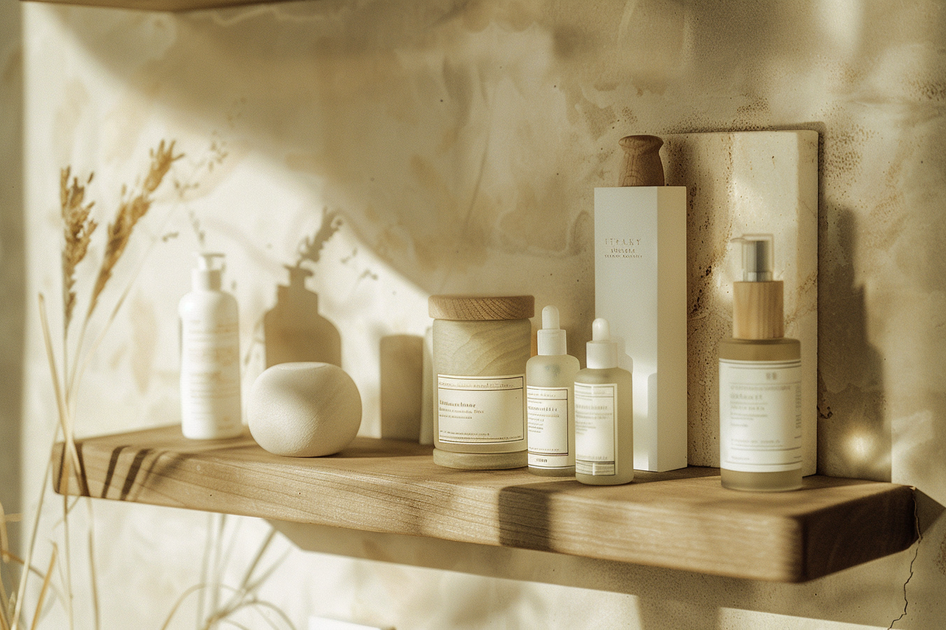 A wooden shelf holding skincare products, a decorative stone, and dried grasses, with soft natural lighting and textured wall background.