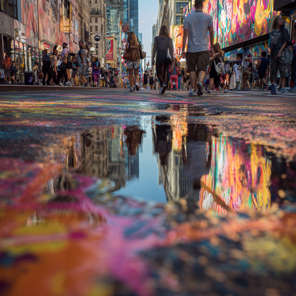 Crowded city street with colorful murals on buildings and a puddle reflecting the surrounding scene, taken from a low angle.