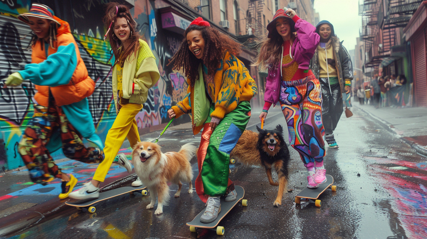 A group of five women and two dogs skateboarding in a colorful urban alley with graffiti on the walls.