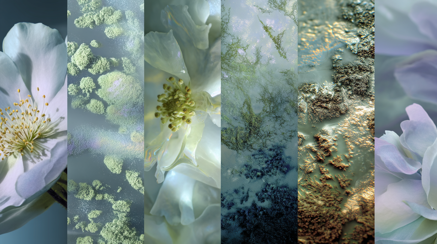 Close-up of white flower with yellow stamens, followed by abstract and textured images of moss and foliage, showcasing nature's details and patterns in a collage format.