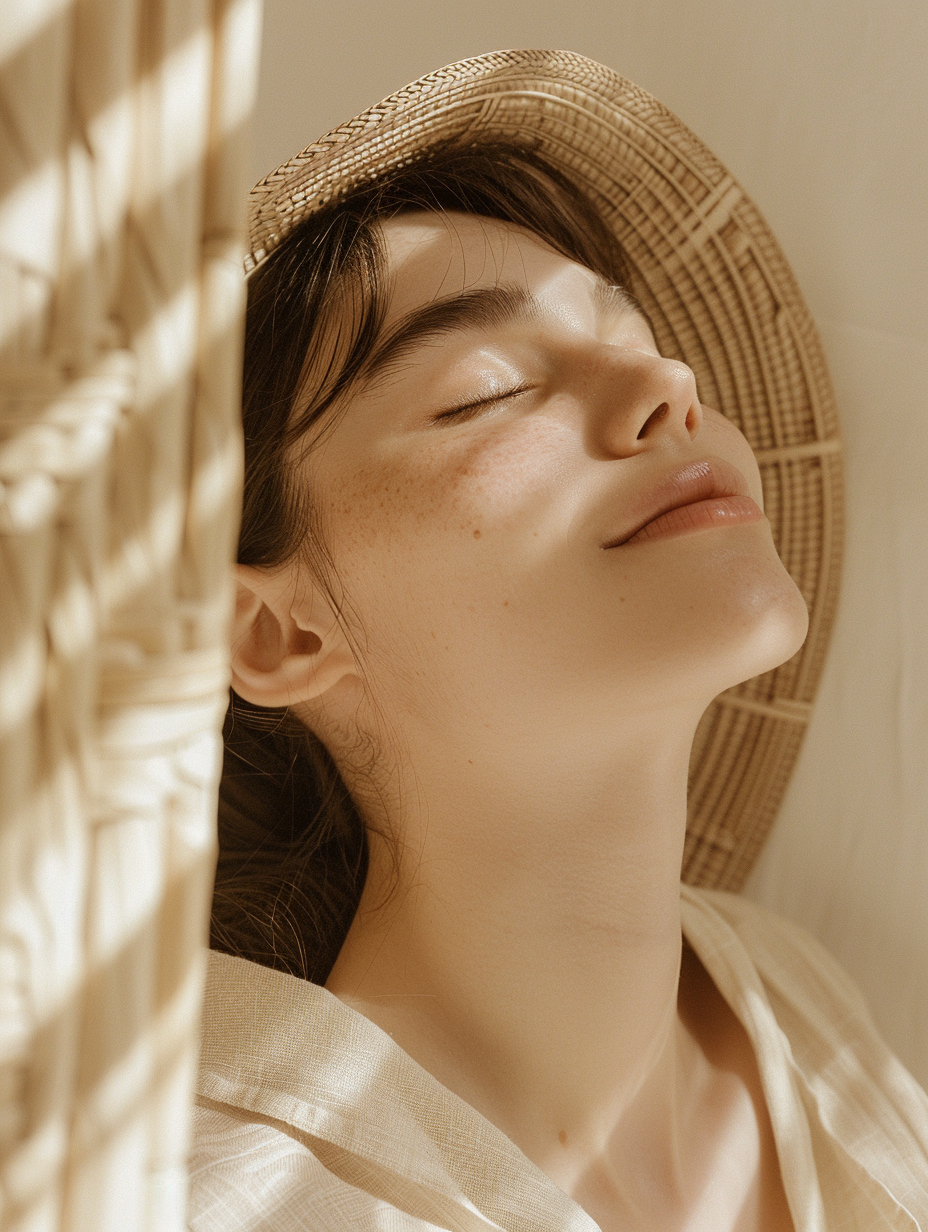 A woman with fair skin and freckles resting with her eyes closed, wearing a wide-brimmed straw hat and a light-colored shirt, leaning against a wicker surface.
