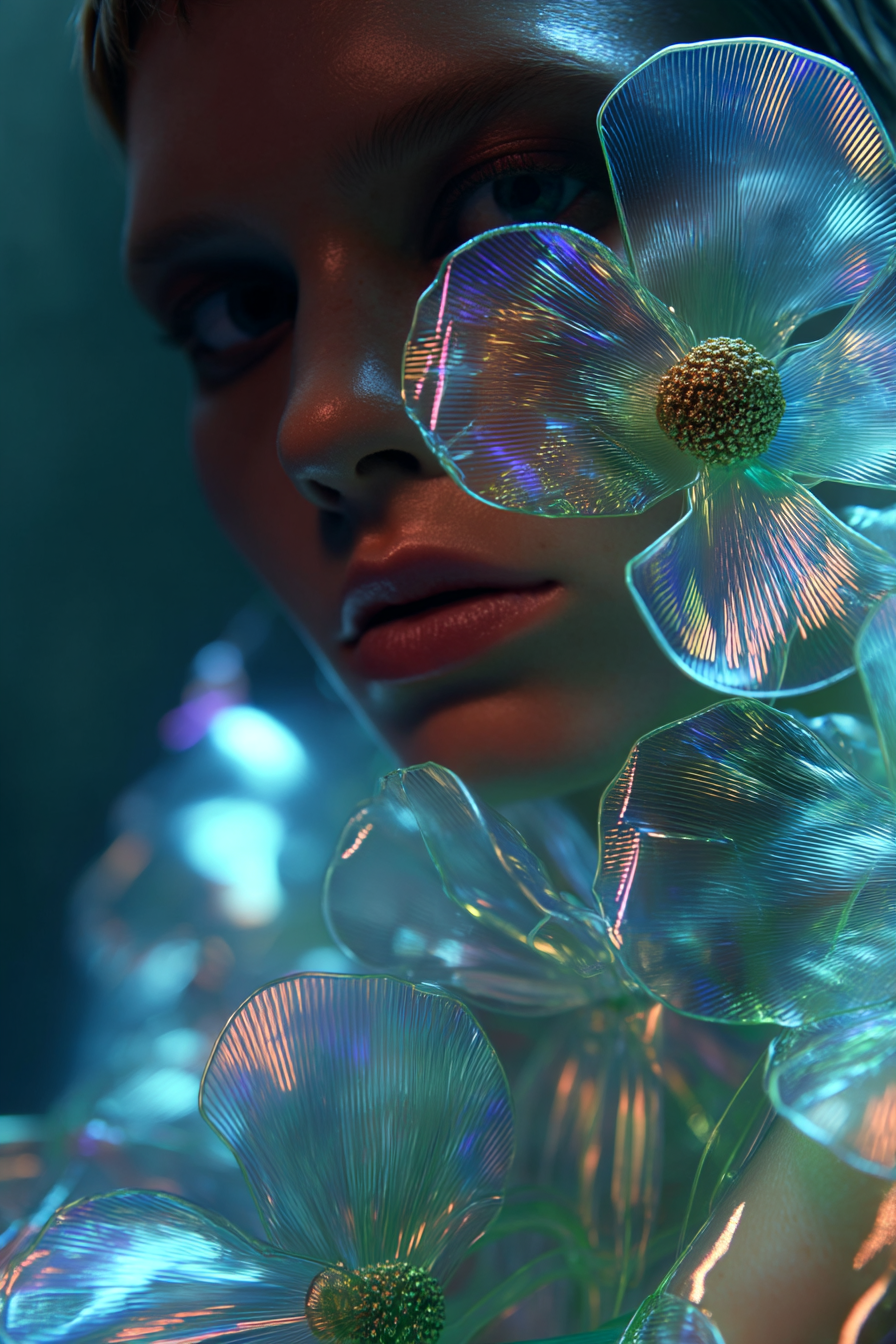 Close-up of a woman's face surrounded by iridescent, translucent flowers with glowing edges, set against a dark background.