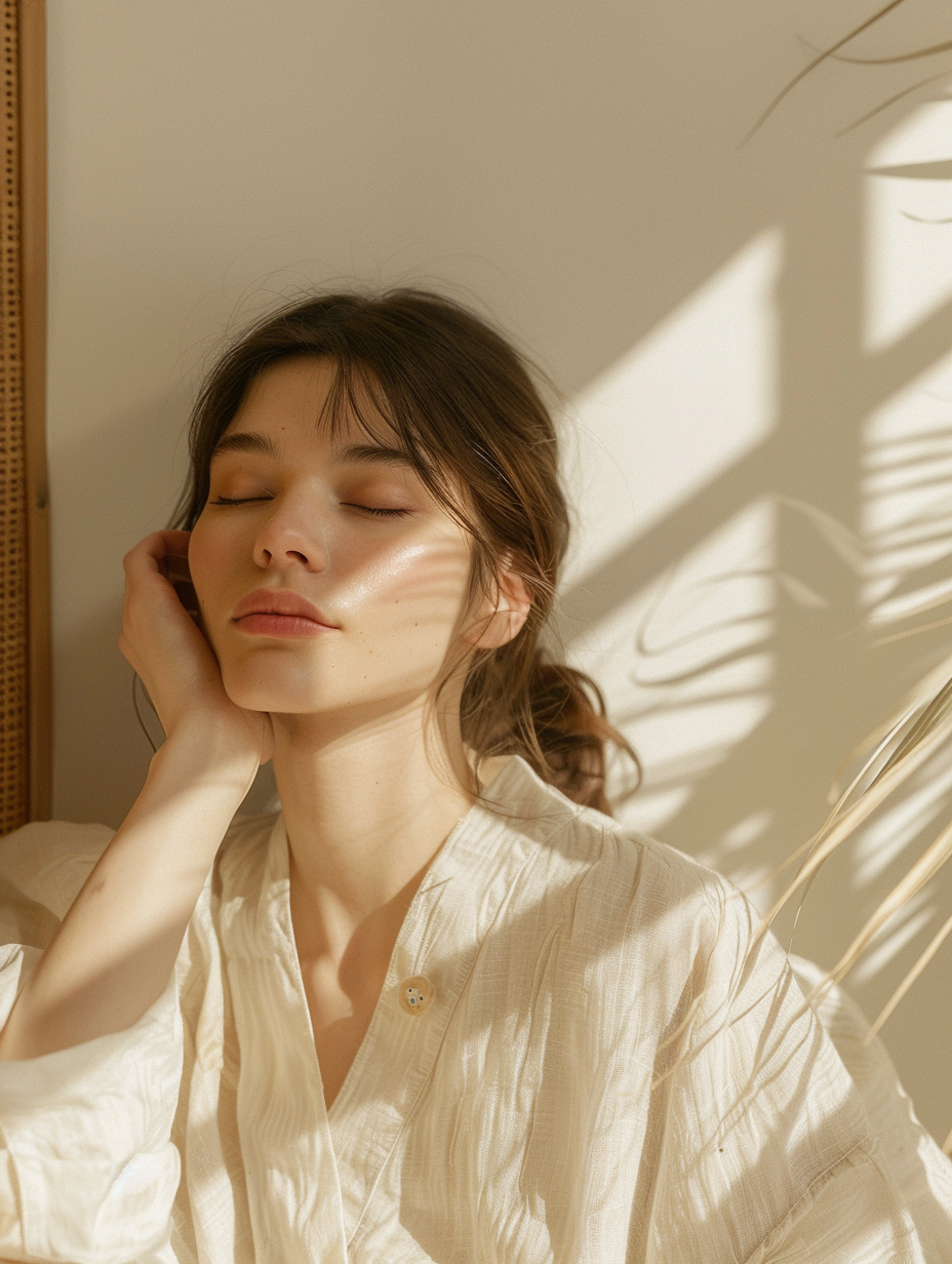 A woman with closed eyes and relaxed expression, sitting in sunlight with shadows of leafy plant shadows on her face and background.