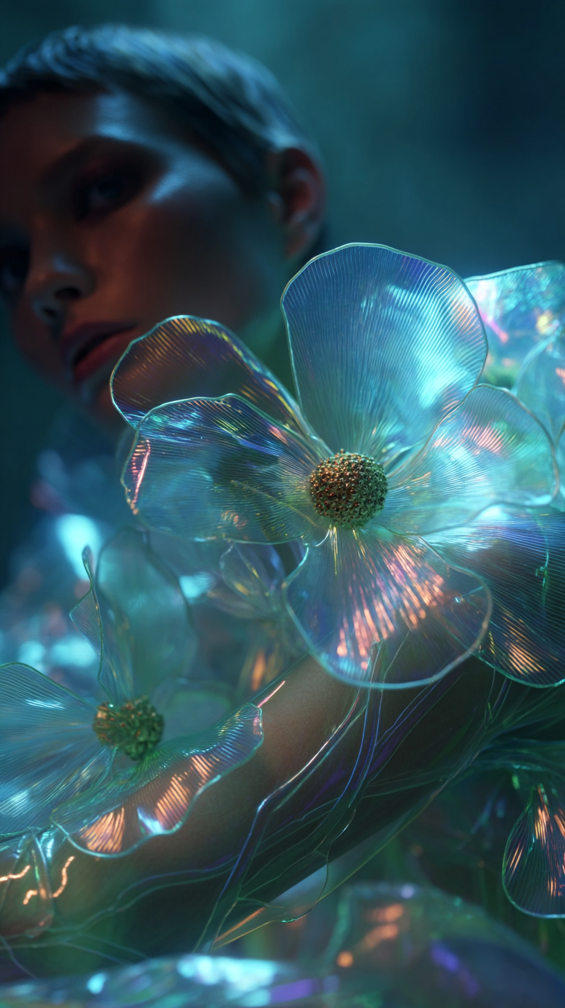 A person with short, light-colored hair surrounded by iridescent, glass-like flowers in a dark, colorful setting.
