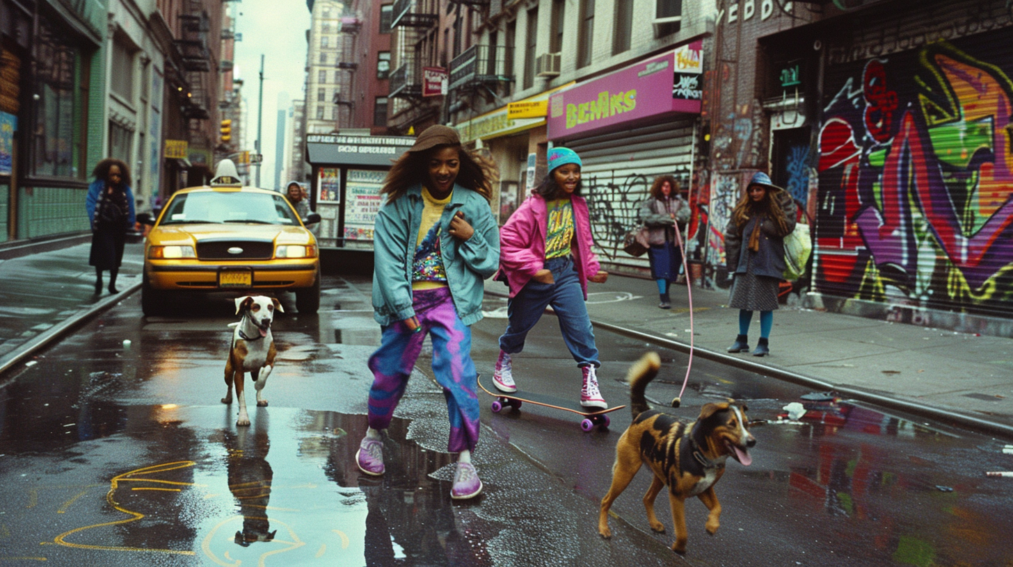 Two young women skateboarding with dogs on a city street after rain, surrounded by graffiti and colorful storefronts, with a yellow taxi and pedestrians in the background.