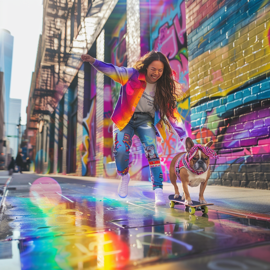 A woman skateboarding with her dog on a colorful city street with graffiti walls.