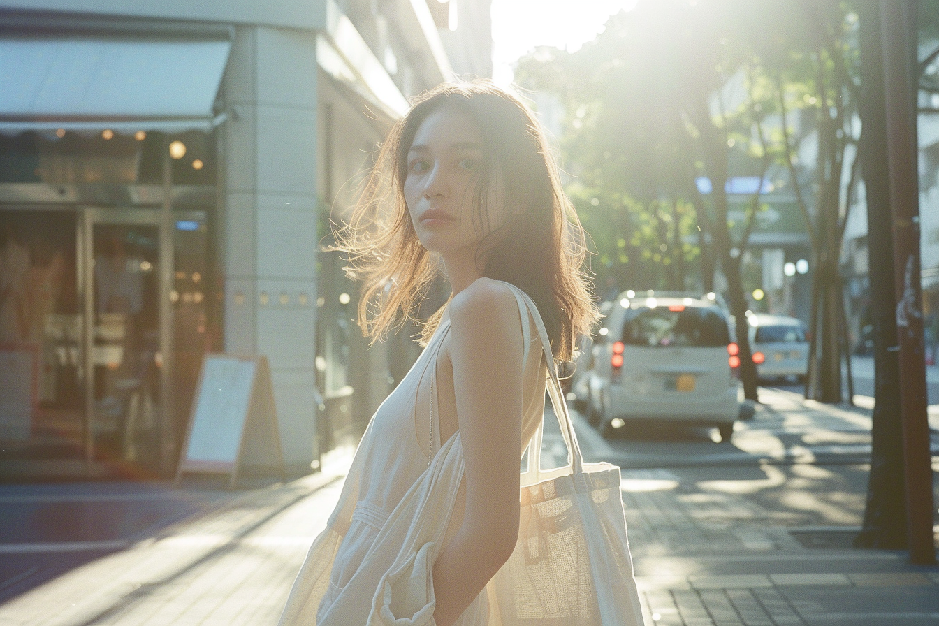 A young woman with long brown hair standing on a city sidewalk in the sunlight, wearing a light-colored sleeveless dress and carrying a large handbag.