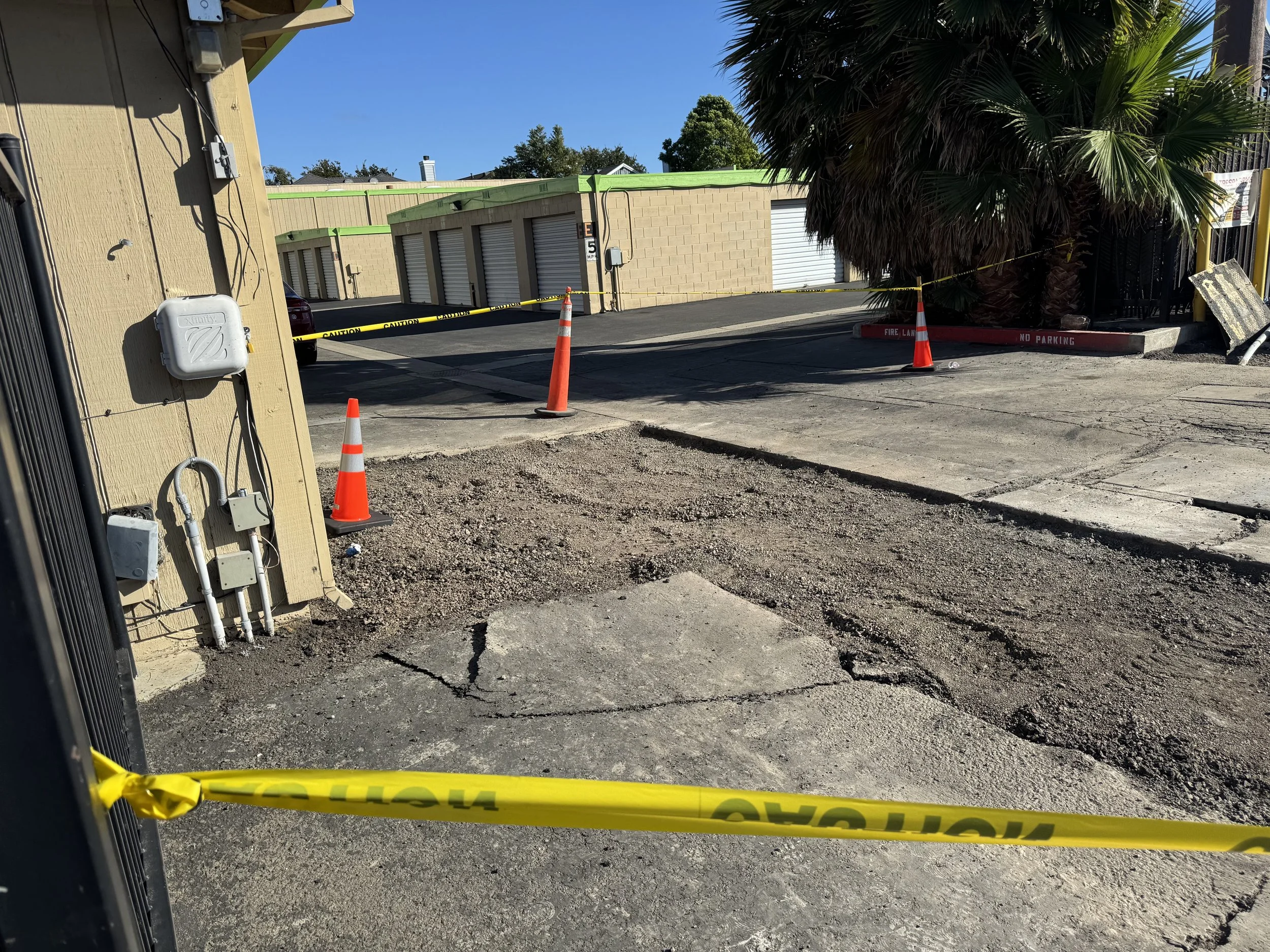 Before — damaged cracked commercial parking lot asphalt Bay Area — Precision Concrete Engineering Inc.