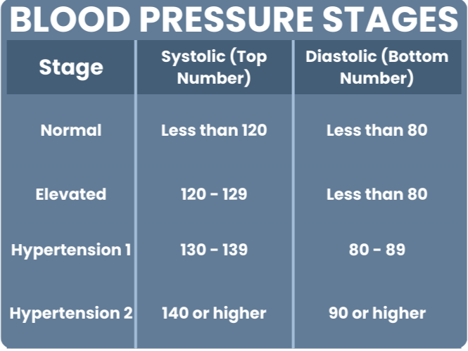 A table showing the different blood pressure stages. It goes from normal blood pressure to Hypertension 2