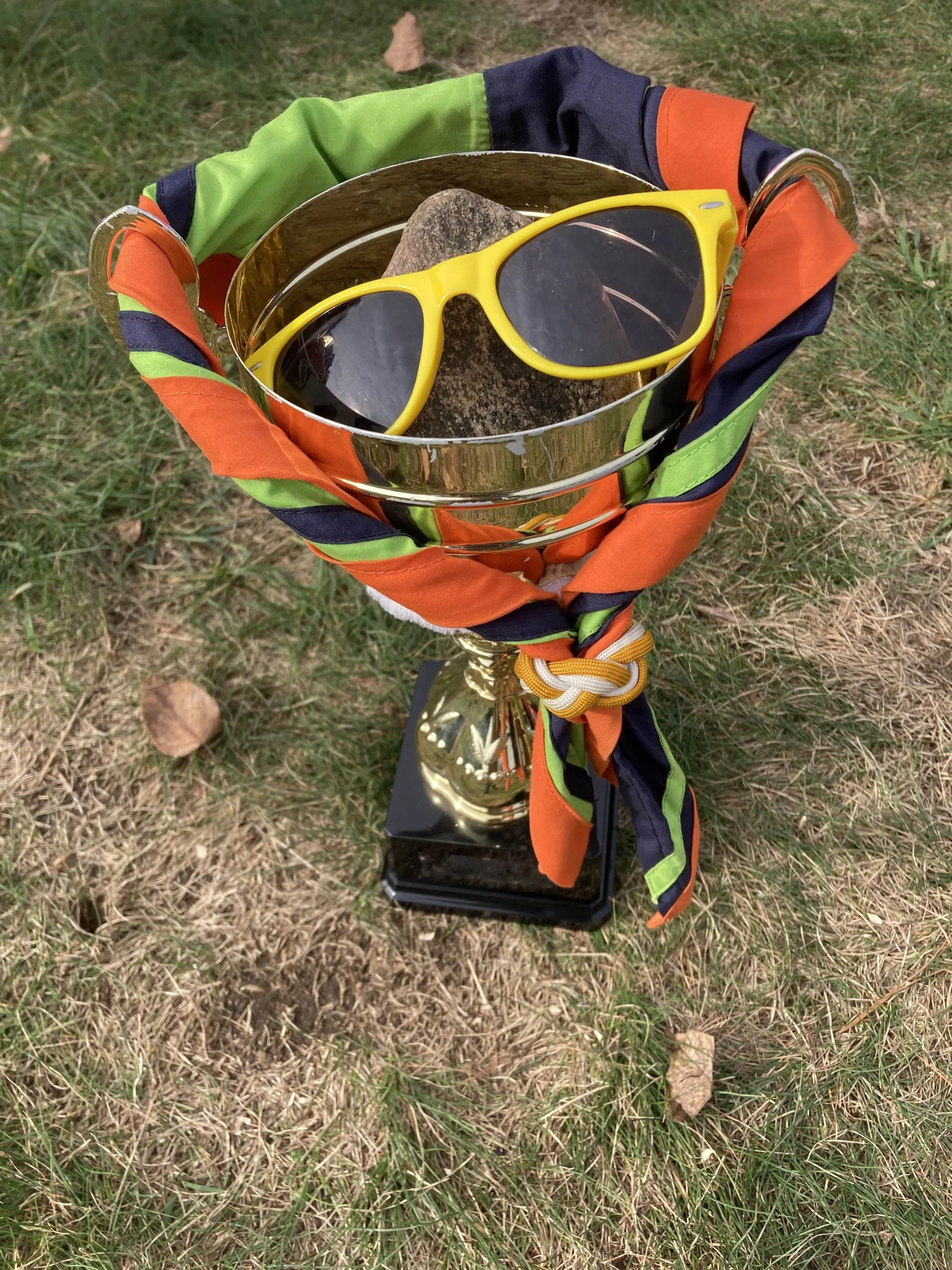 Une coupe de trophée doré enveloppée dans un foulard coloré, contenant une roche, une paire de lunettes de soleil jaunes et quelques pierres.