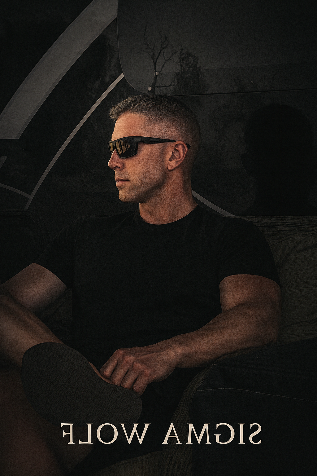A man with short hair wearing black sunglasses and a black t-shirt is sitting on a sofa inside a vehicle with dark interior. The window reflects a tree and the sky. The text 'SIMA WOLF' is visible at the bottom of the image.