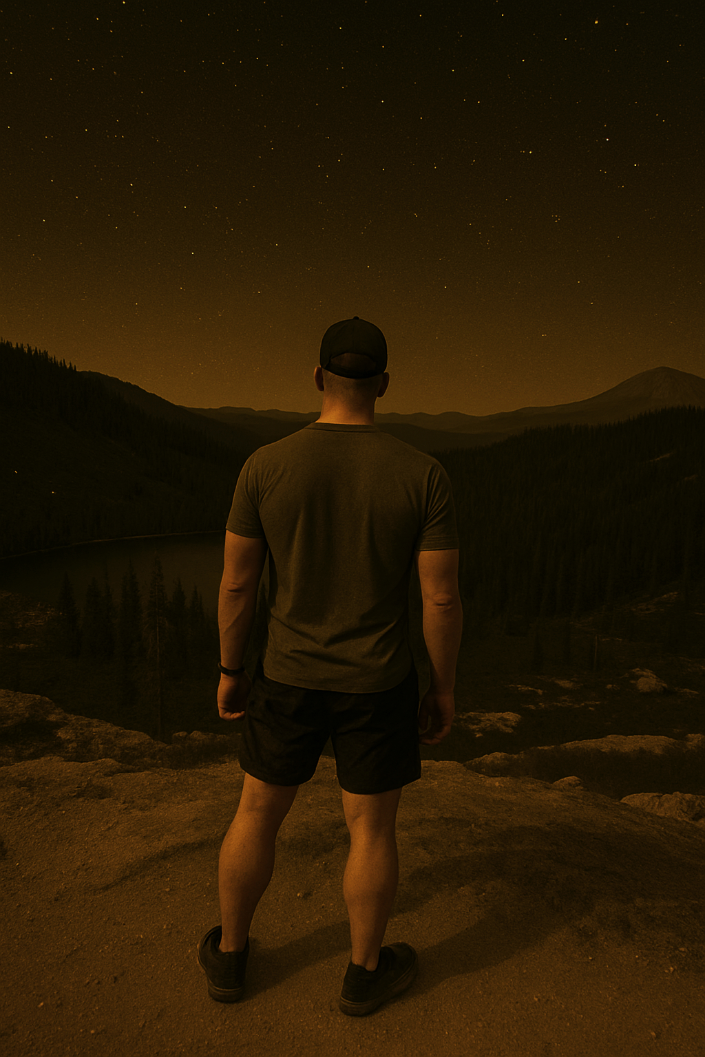 A man stands outdoors at night, looking at a distant mountain and a starry sky, with trees and a river in the background.