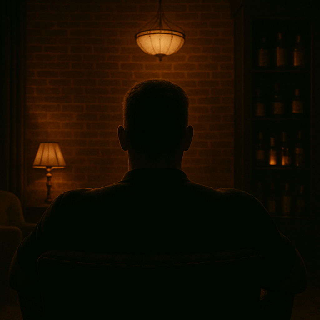 Person sitting in a dimly lit room, facing away from the camera, illuminated by a warm overhead light and a table lamp, with brick walls and bookshelves in the background.