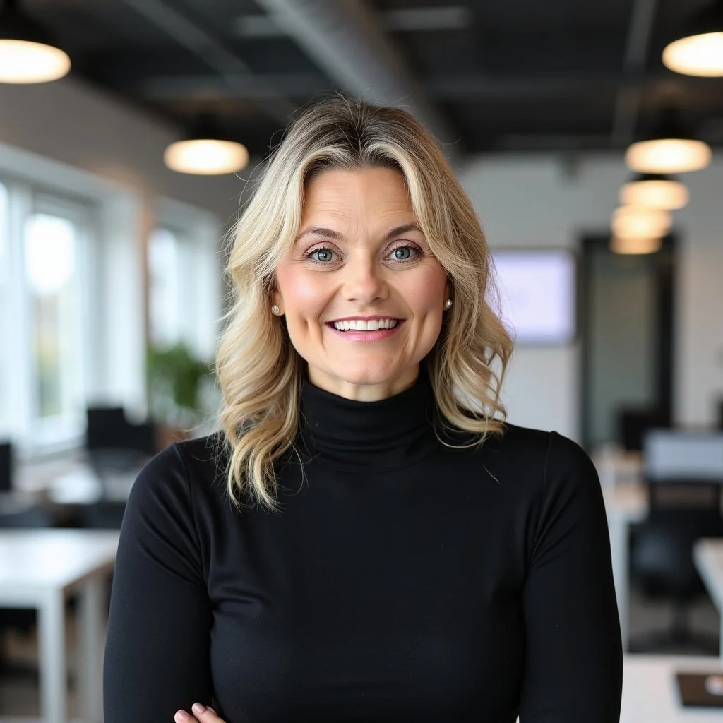 A woman with blonde hair wearing a black turtleneck sweater smiling in an office setting with modern lighting and large windows.