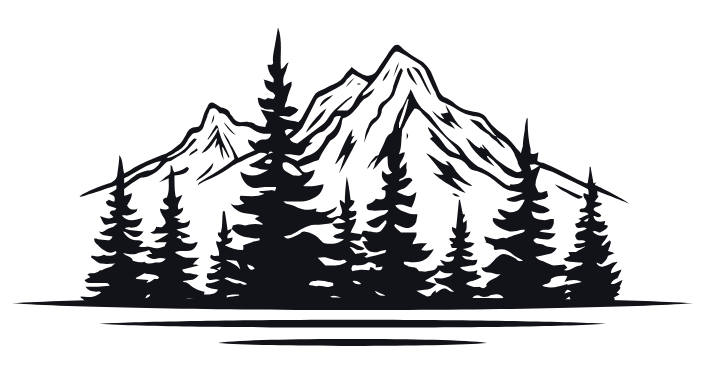 Silhouette of a mountain range with pine trees in front and a lake reflecting the mountains and trees.