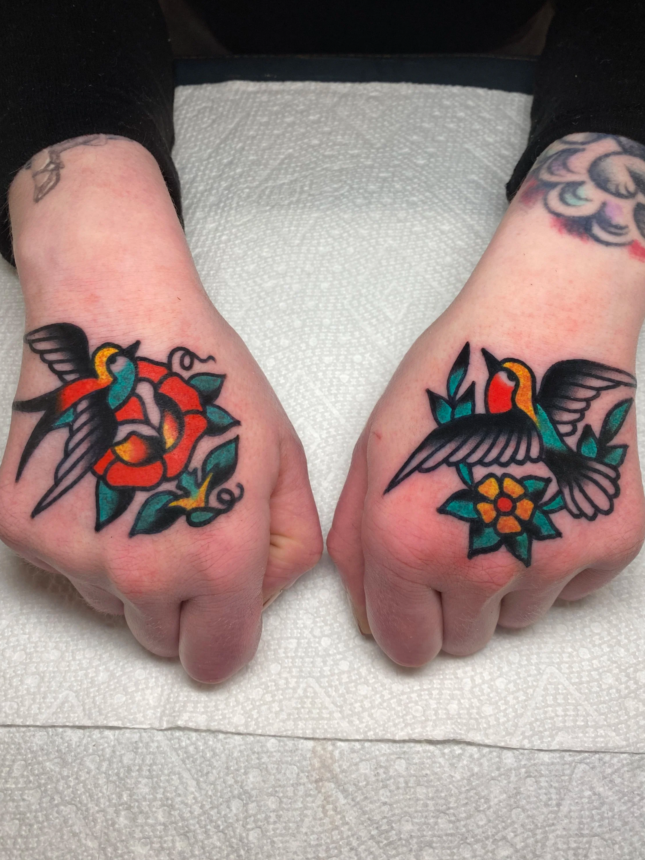 Traditional hand tattoos done by Sonny Roth in Portland Maine