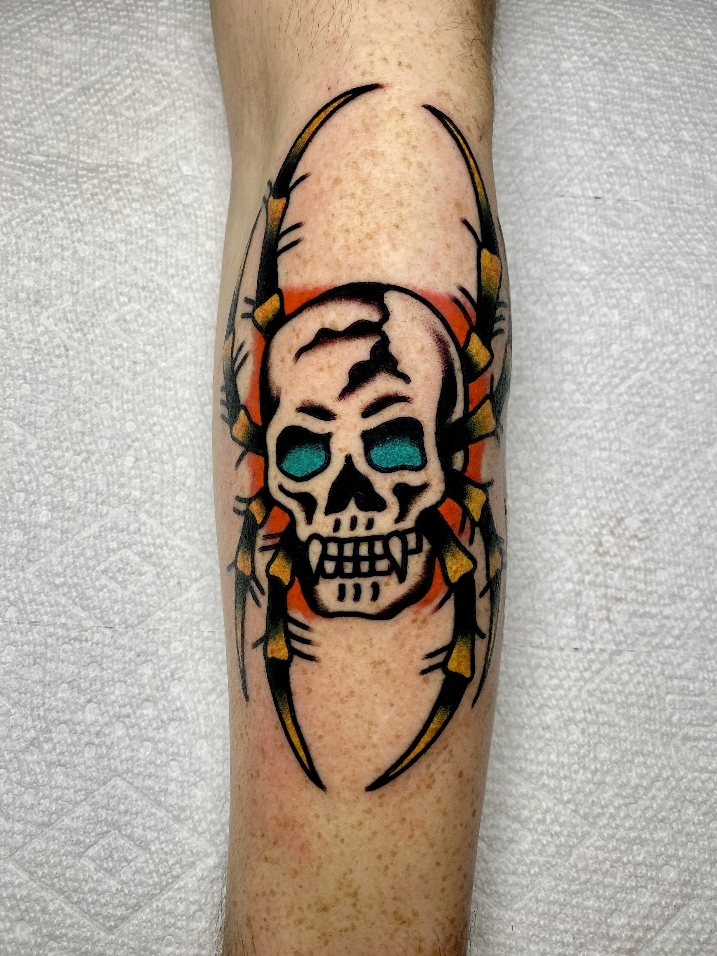 spider skull tattoo by Portland Maine tattoo artist Sonny Roth