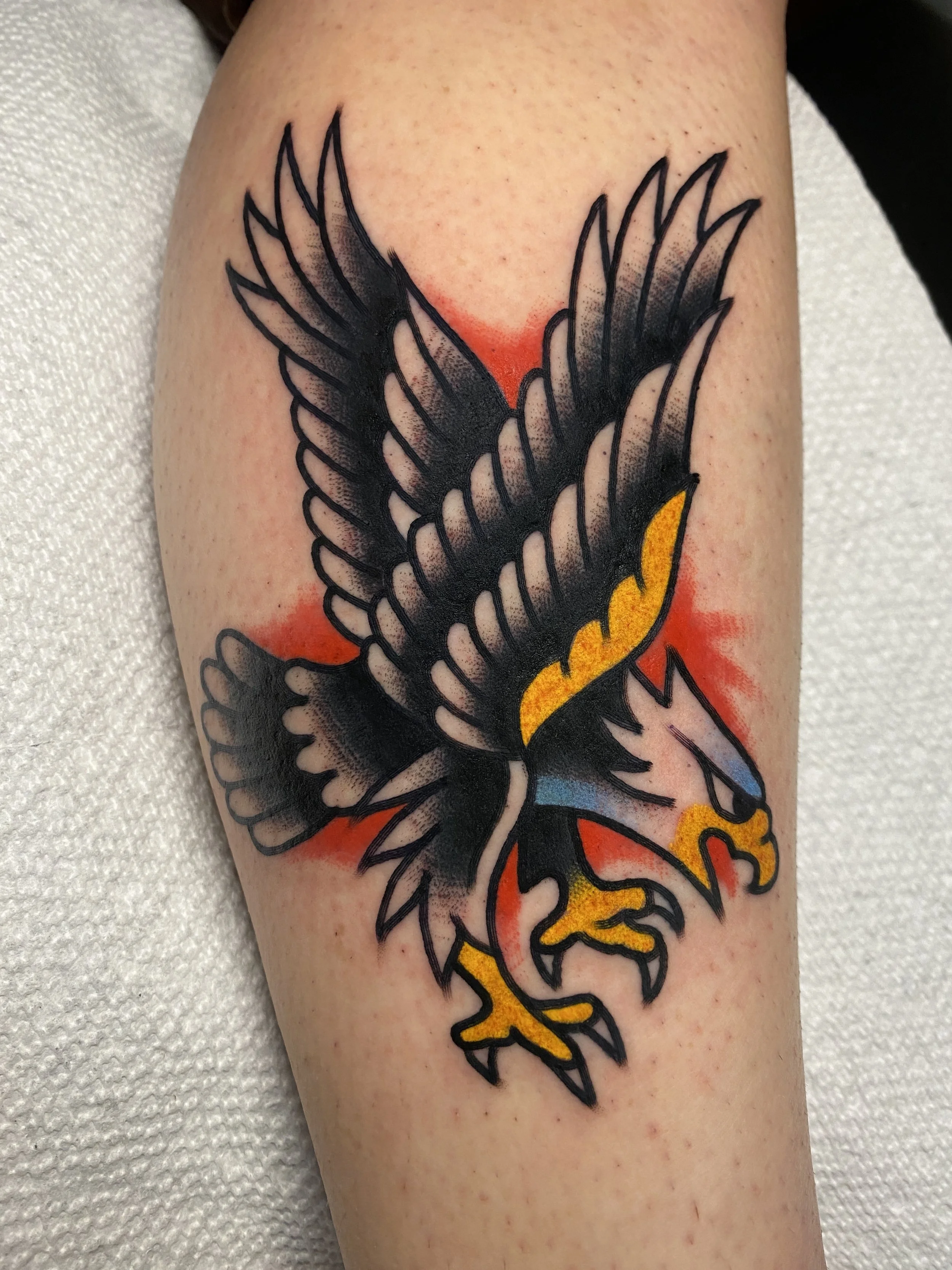 Flying eagle tattoo by Sonny Roth, Portland Maine
