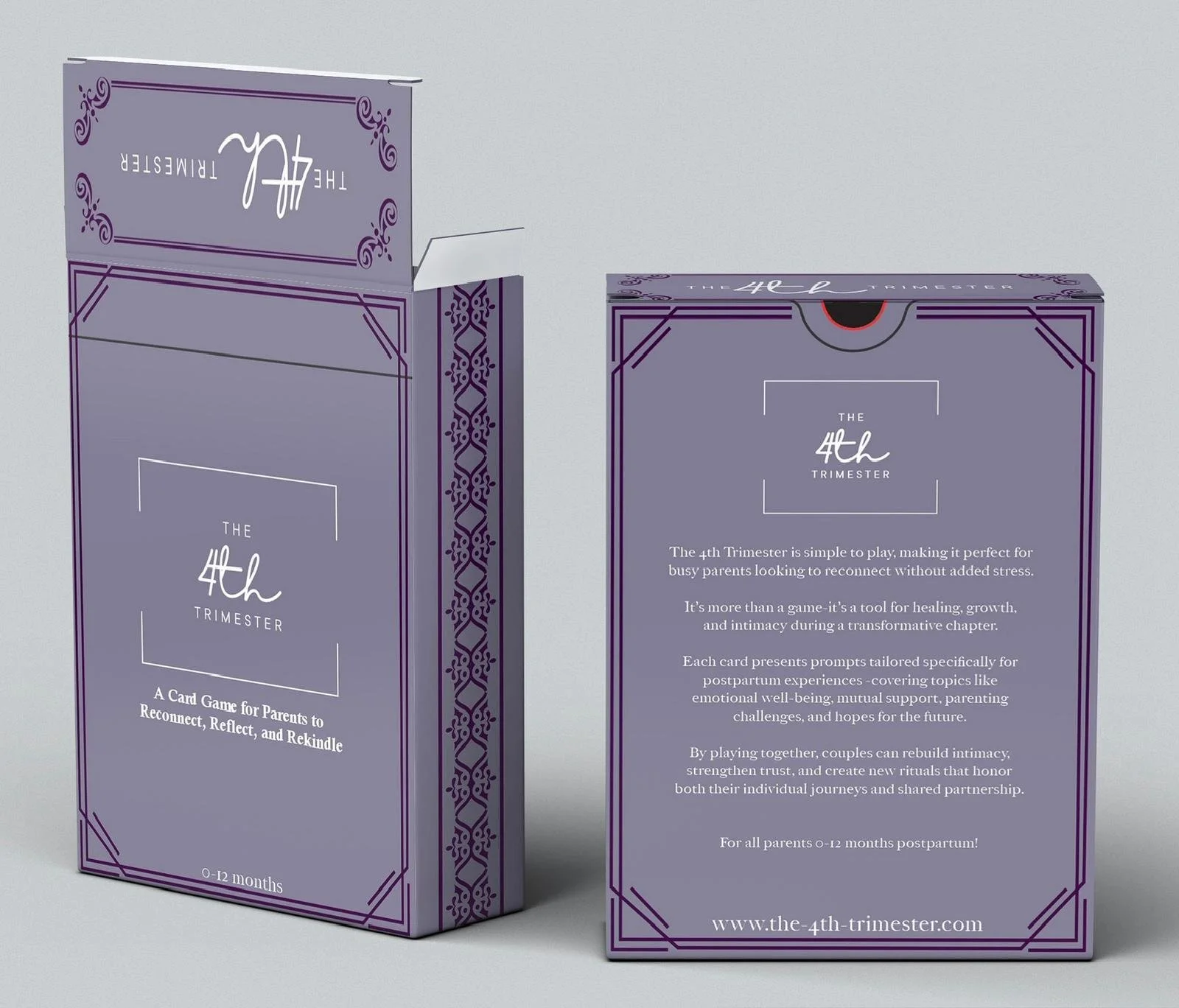 Packaging for a card game called 'The 4th Trimester' designed for parents of babies up to 12 months old, featuring purple and white design elements.